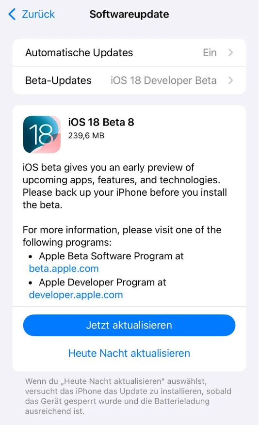 尖草坪苹果手机维修分享苹果 iOS / iPadOS 18 开发者预览版 Beta 8 发布 